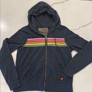 Aviator Nation Charcoal 5 Stripe Neon Hoodie with Rainbow Stripes
